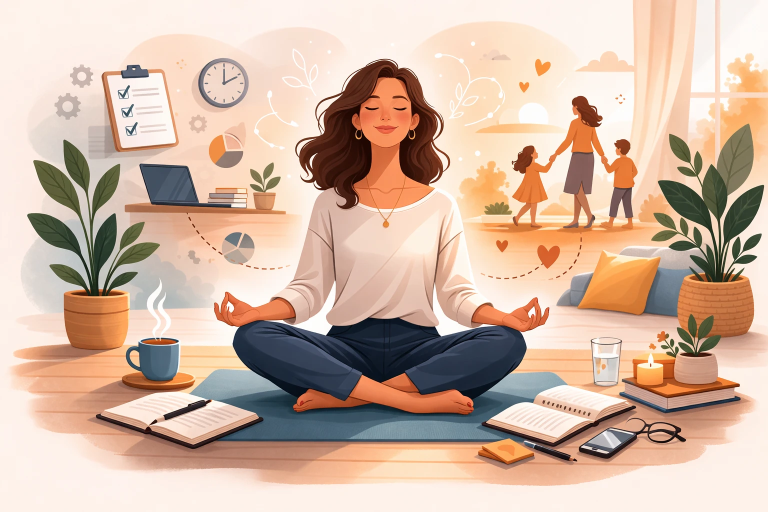 Mulher meditando em ambiente acolhedor, representando mindfulness, equilíbrio emocional e saúde mental entre carreira e família.