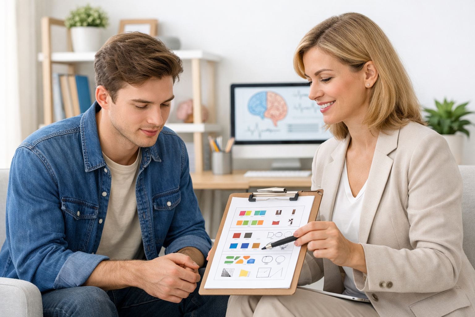 Adulto jovem em consulta neuropsicológica com psicóloga, analisando material de avaliação em consultório claro, organizado e acolhedor.