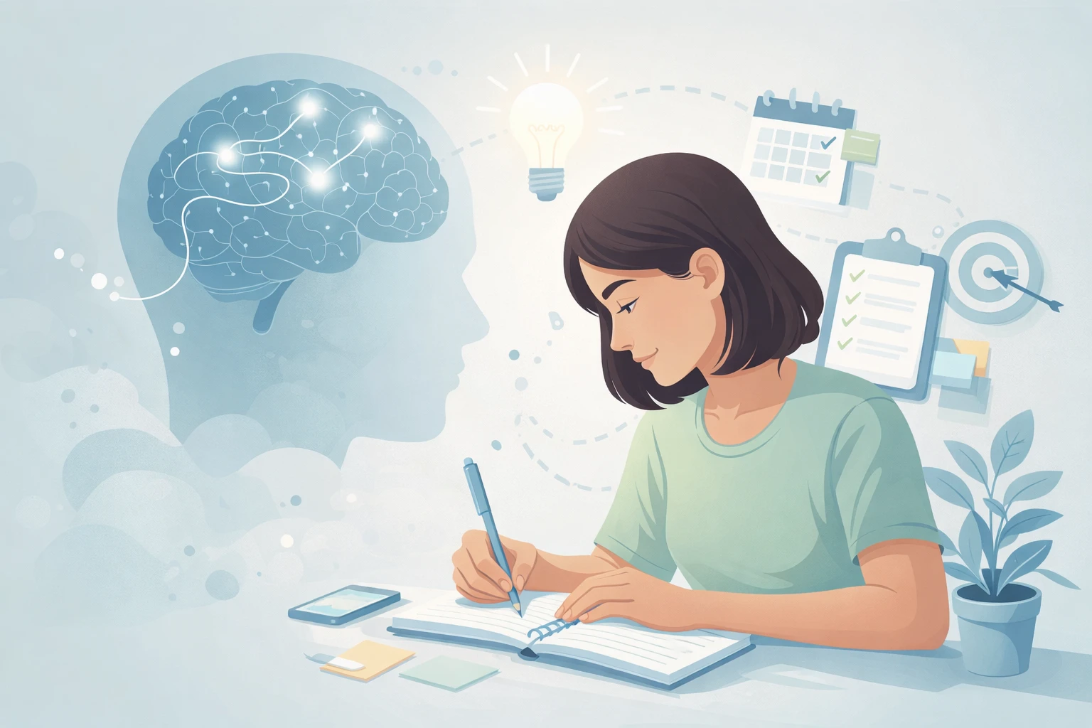 Ilustração em tons suaves de azul e verde mostrando um cérebro em destaque sendo analisado com uma lupa e, ao lado, uma pessoa organizando tarefas em uma prancheta, representando o processo de avaliação e funcionamento cognitivo no TDAH.