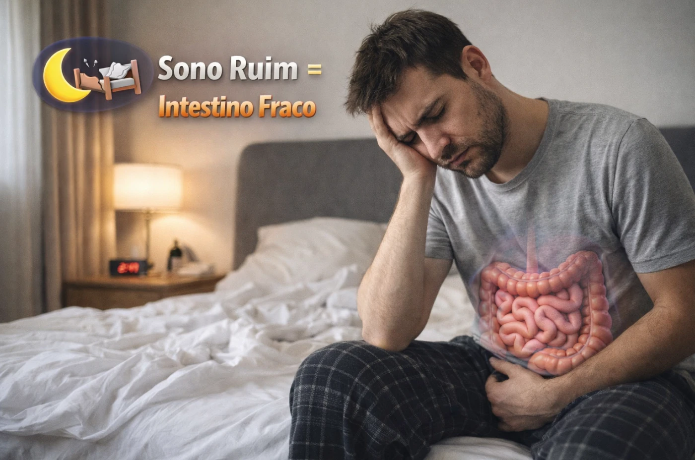 Homem sentado na cama com expressão de cansaço e dor abdominal, ilustrando a relação entre sono ruim e intestino fraco