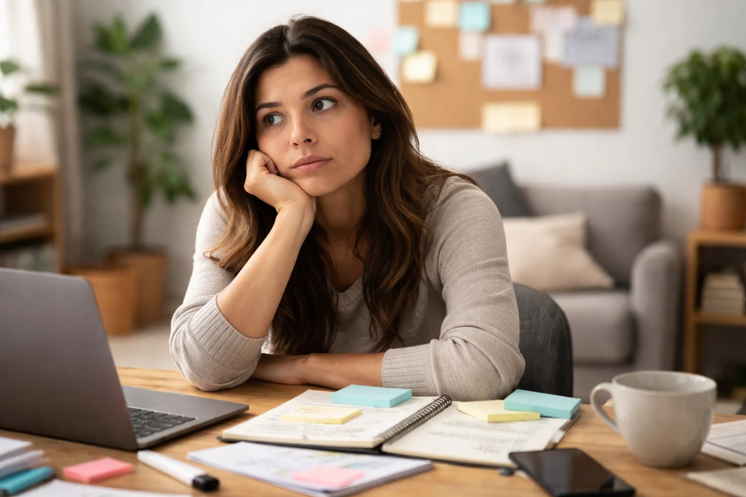 Mulher jovem sentada à mesa com notebook, caderno e post-its, olhando distraída para o lado, representando dificuldade de foco.
