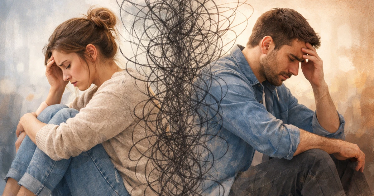 Ilustração de um casal sentado de costas um para o outro, separado por linhas emaranhadas que simbolizam confusão mental e dificuldades de comunicação causadas pelo TDAH no relacionamento.