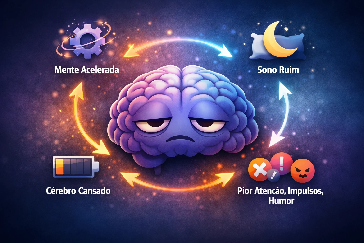 Ilustração de cérebro cansado com expressão de sono, mostrando ciclo entre mente acelerada, sono ruim e piora da atenção, impulsividade e humor no TDAH