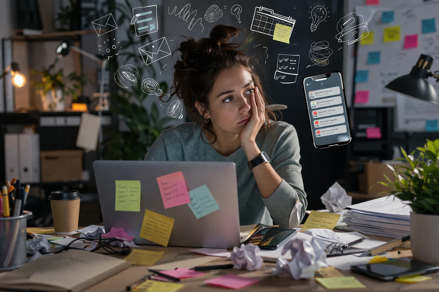 TDAH desatento em adultos: pessoa com dificuldade de concentração em frente ao notebook, mesa desorganizada com post-its e sinais de sobrecarga mental.