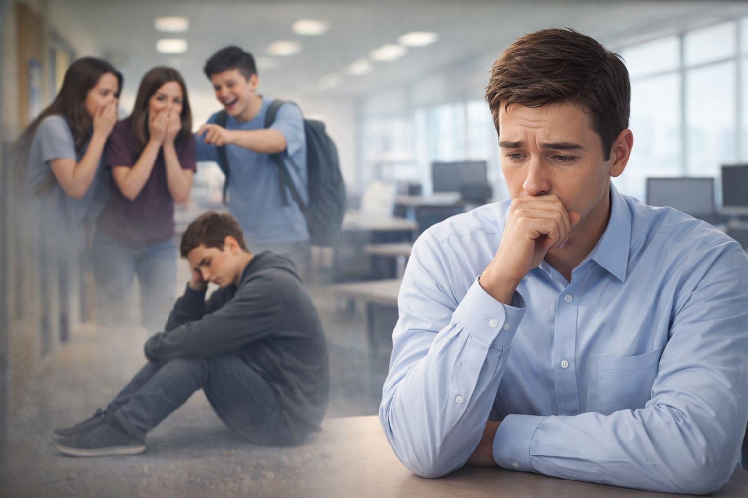 Homem adulto em ambiente de trabalho com expressão de preocupação, enquanto ao fundo aparece cena desfocada de bullying na escola, representando impactos na vida adulta.