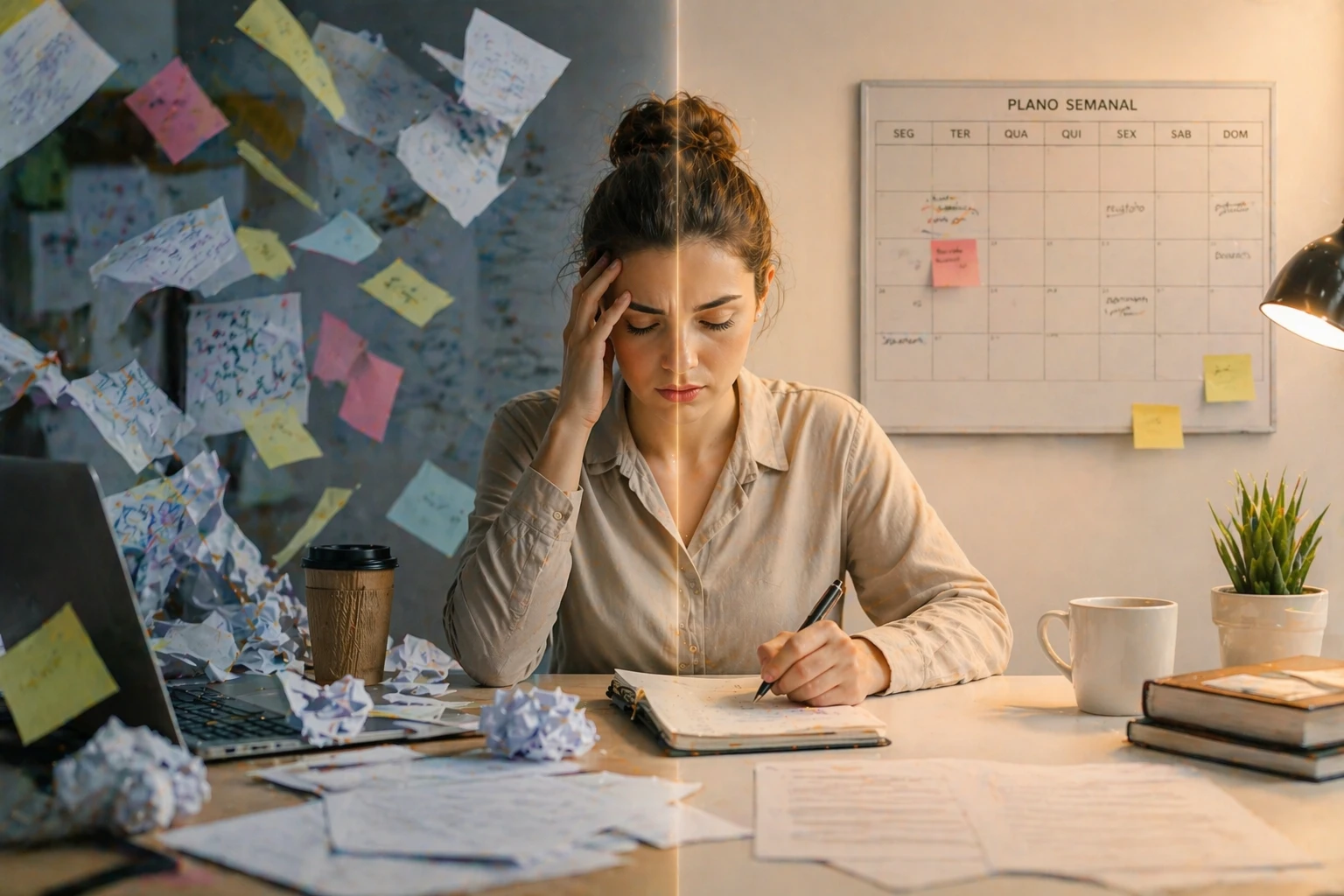 Mulher com TDAH adulto enfrentando desorganização mental e melhorando foco e organização com terapia cognitivo comportamental (TCC)