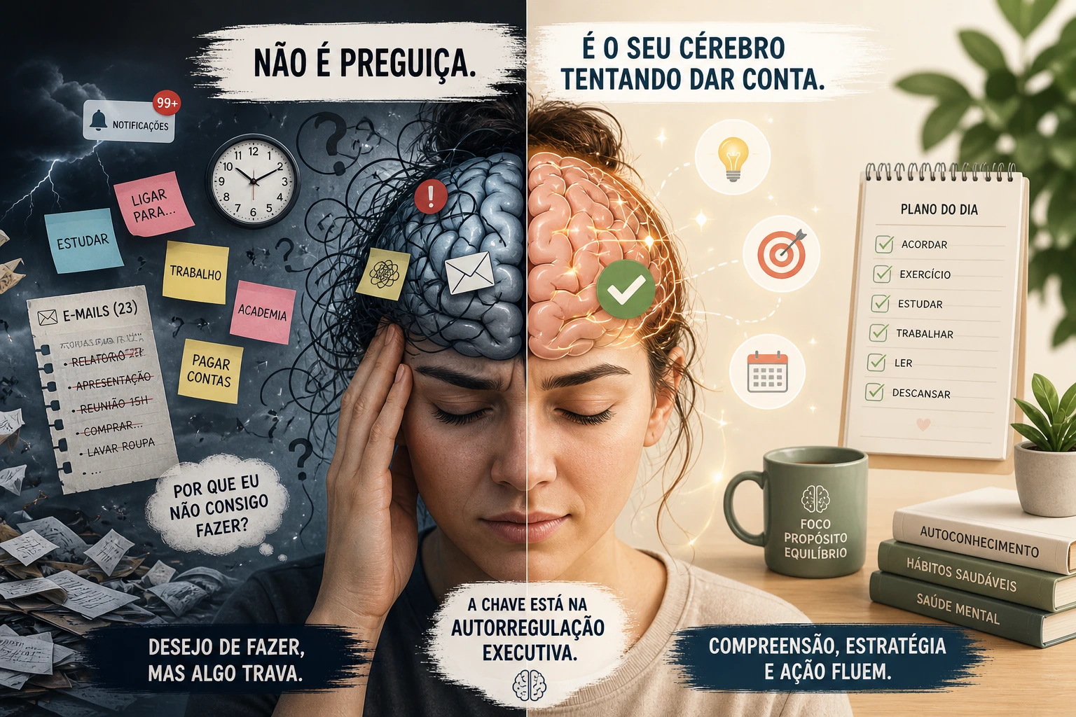 Ilustração dividida mostrando a comparação entre um cérebro em estado de caos mental, com tarefas desorganizadas e sobrecarga cognitiva, e um cérebro em estado de organização e clareza, representando autorregulação executiva e funcionamento saudável das funções cognitivas.