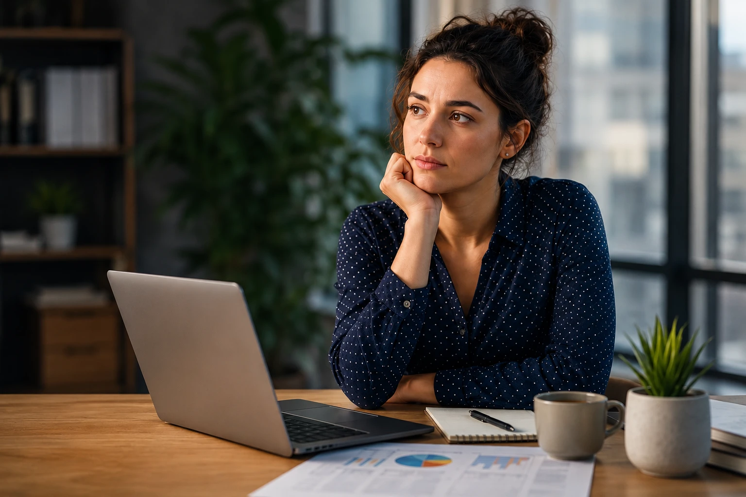 Mulher pensativa trabalhando em um escritório moderno, olhando para o lado enquanto está sentada em frente a um notebook, representando síndrome do impostor e dificuldades executivas no trabalho.