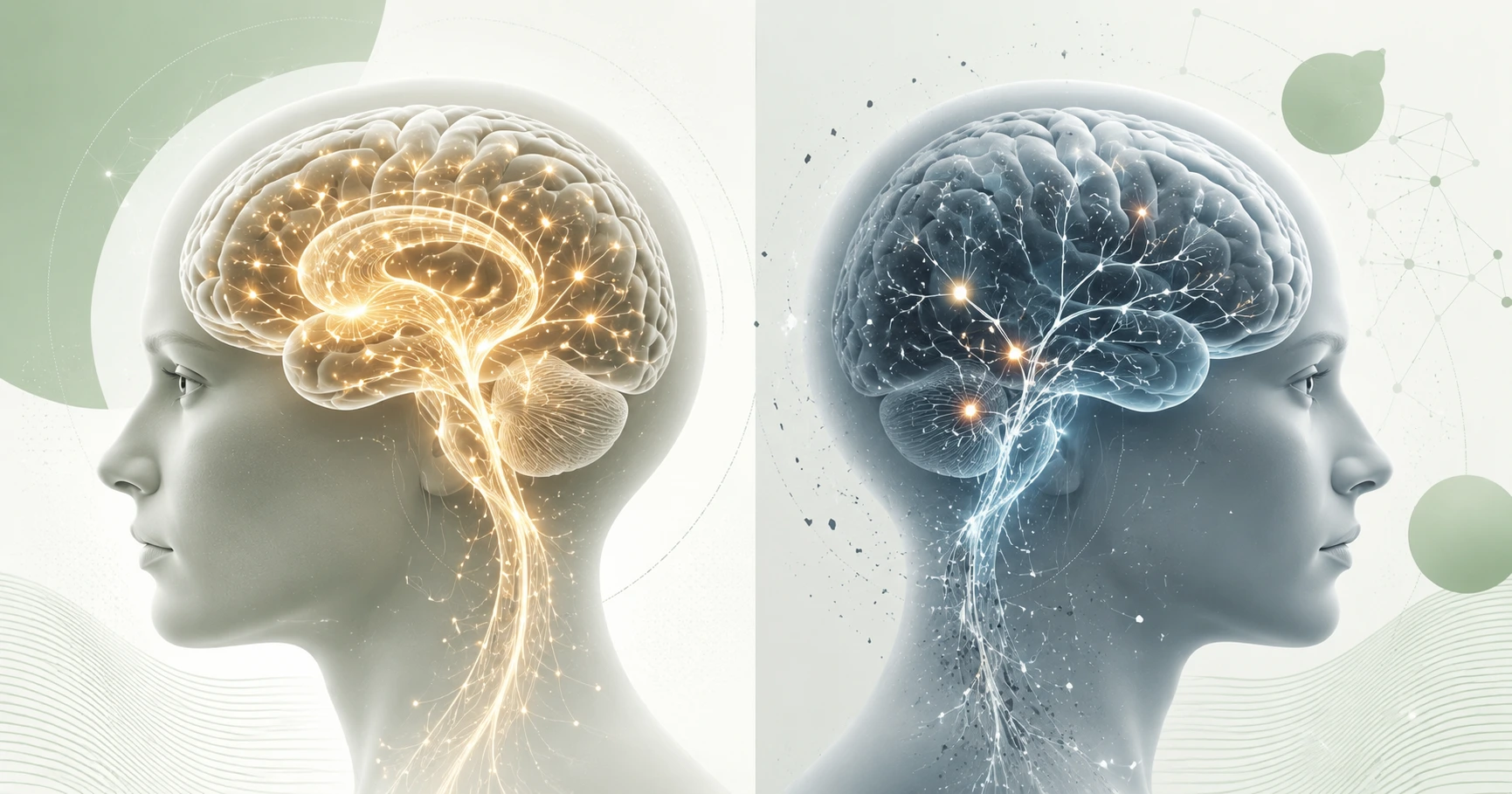 Ilustração comparando vias neurais relacionadas à memória e atenção, mostrando conexões cerebrais organizadas e desorganizadas em estilo neuropsicológico moderno.