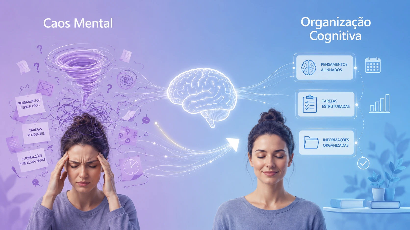 Ilustração representando a transformação do caos mental para a organização cognitiva em um adulto com TDAH, mostrando como o planejamento e as funções executivas podem contribuir para a redução da ansiedade.
