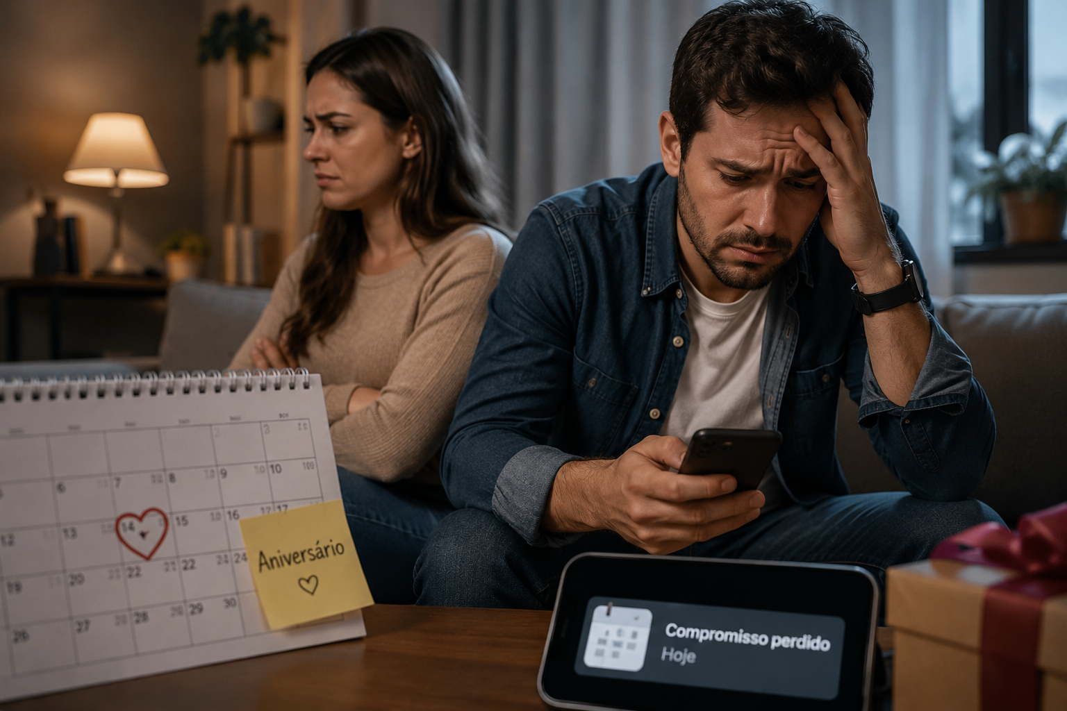 Casal enfrentando dificuldades no relacionamento após o esquecimento de uma data importante devido aos sintomas do TDAH.