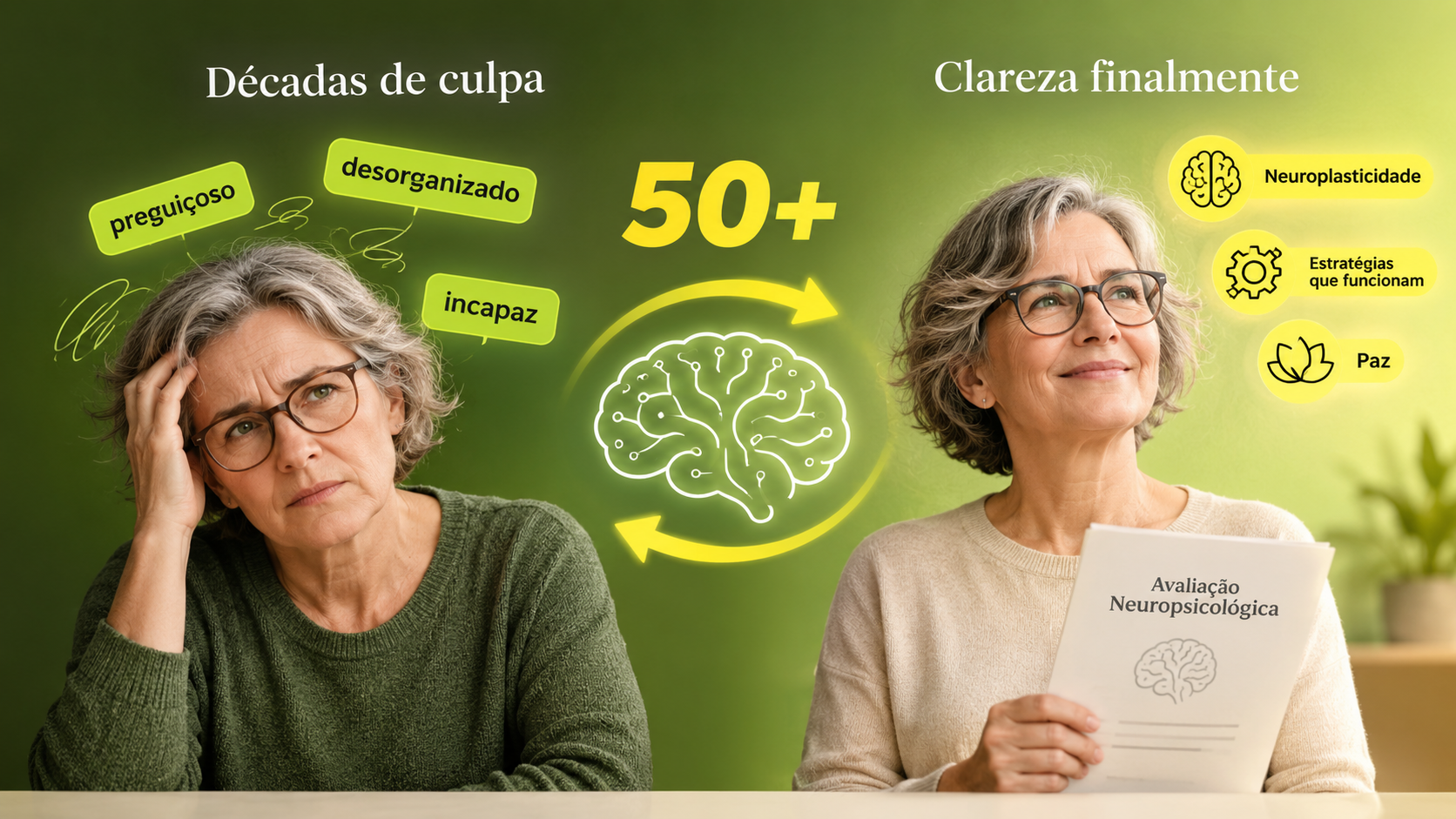 Pessoa acima de 50 anos antes e depois do diagnóstico tardio de TDAH, representando a transformação da culpa para a clareza por meio da avaliação neuropsicológica.