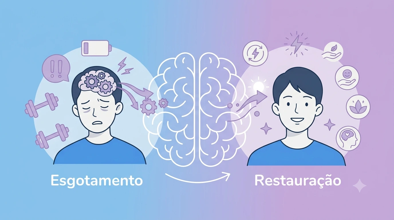 Infográfico sobre esgotamento cognitivo e restauração em adultos com funcionamento executivo deficitário. Do lado esquerdo, ilustração de um homem exausto com engrenagens no cérebro e símbolos de bateria baixa. No centro, linhas finas conectam ao lado direito, que mostra o mesmo homem restaurado, sorrindo, cercado por símbolos de clareza mental e paz. Fundo degradê azul e roxo.