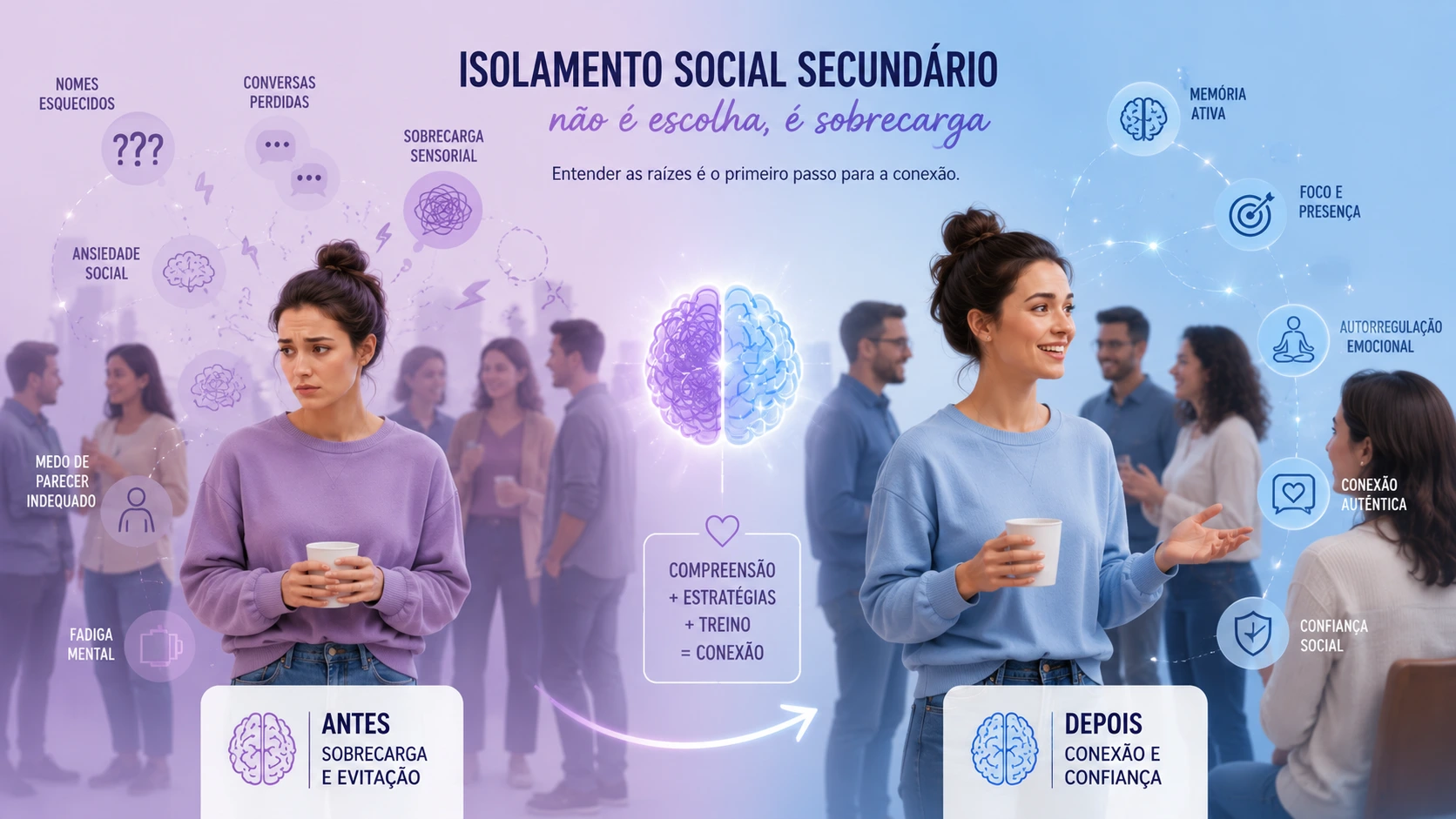 Ilustração mostrando uma pessoa adulta dividida entre o isolamento social causado por dificuldades cognitivas e a confiança social após desenvolver estratégias de memória, foco e autorregulação.
