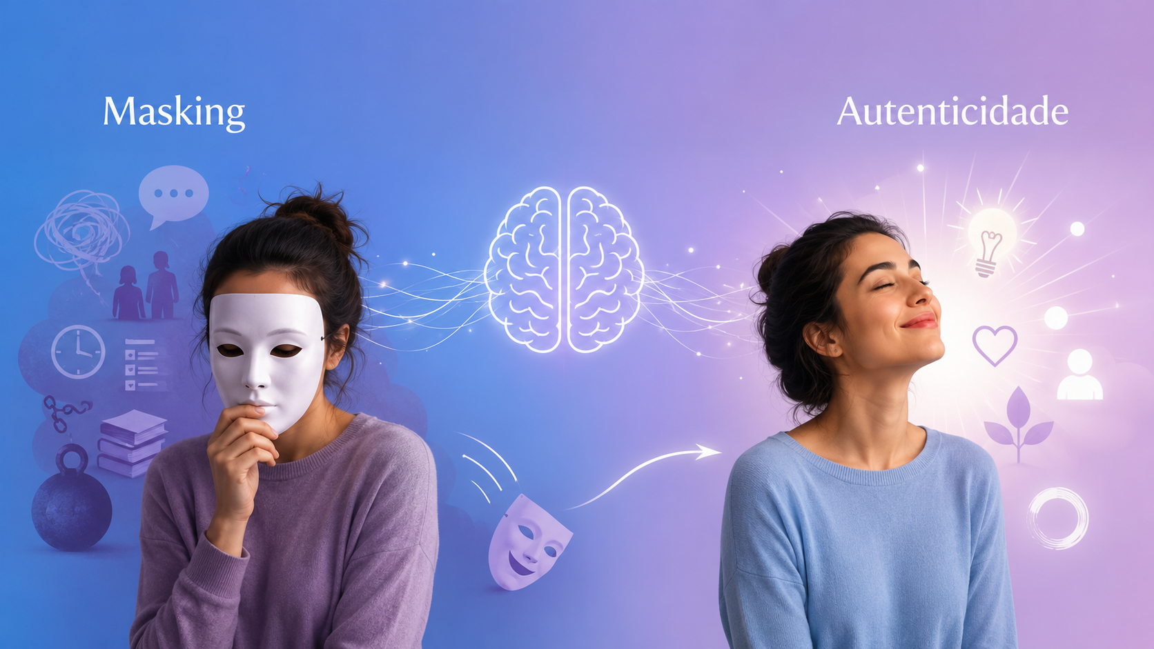 Ilustração representando uma pessoa com TDAH deixando o masking para viver com autenticidade após obter clareza por meio da avaliação neuropsicológica.