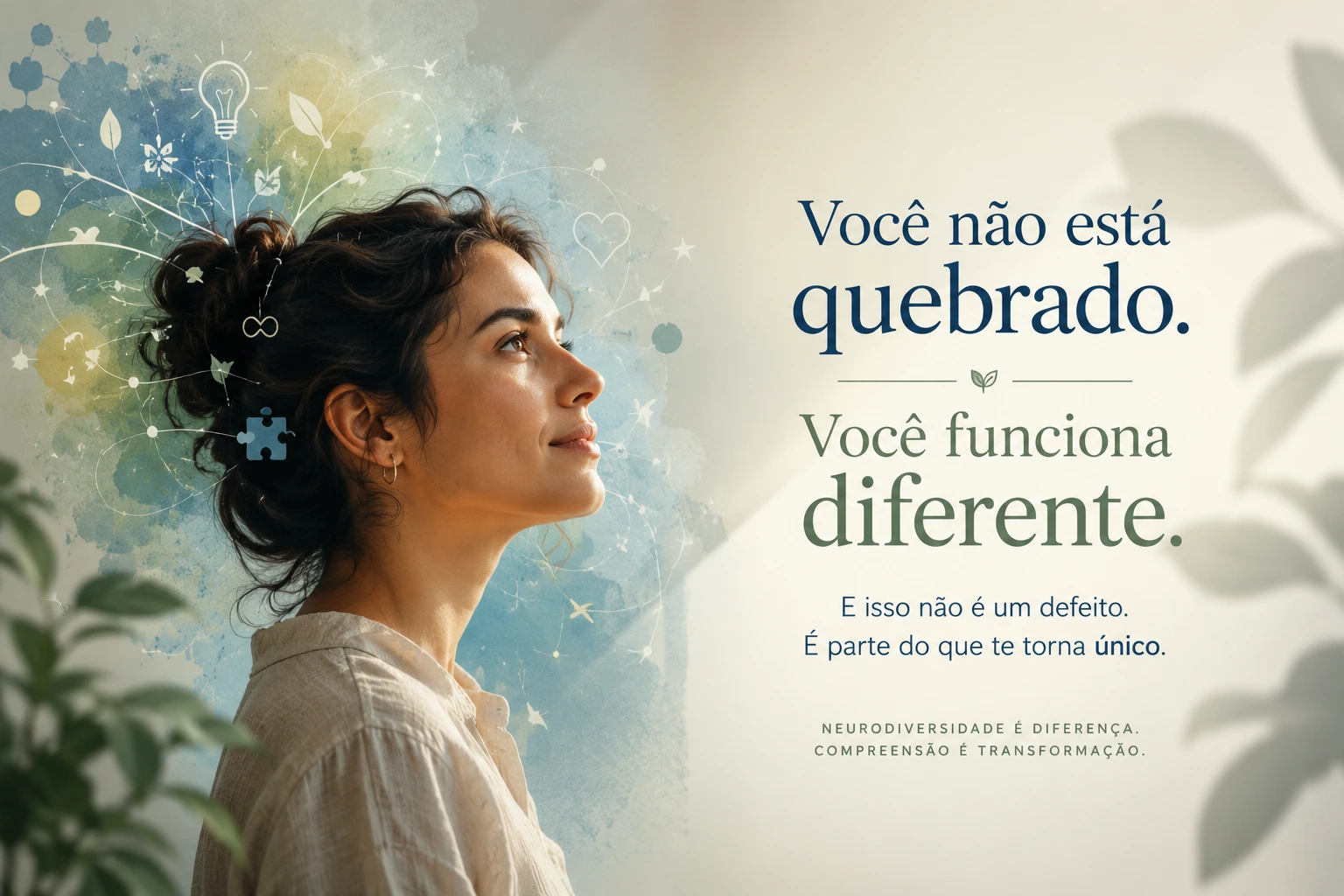 Mulher em perfil com elementos visuais representando neurodiversidade e autoconhecimento. Ilustração sobre funcionamento neurológico diferente, neurodivergência, autocompaixão e compreensão do próprio cérebro.
