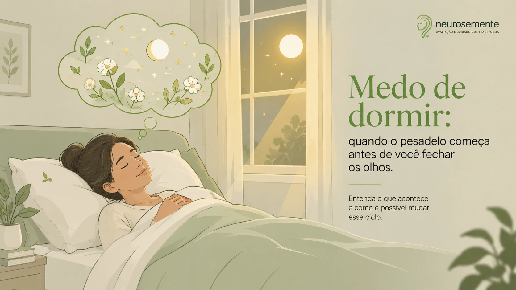 Ilustração de pessoa dormindo tranquilamente com representação de sonhos positivos, abordando o medo de dormir e os pesadelos recorrentes.